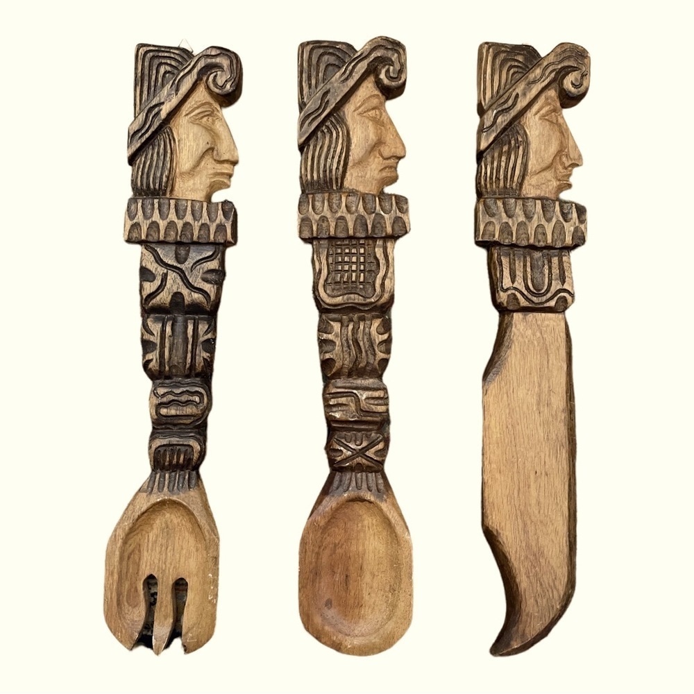 Large Tiki Bar Retro MCM Wooden Knife Fork Spoon Decor With Hooks
